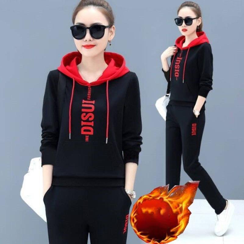 Autumn and Winter Loose Hooded Sweater Two-piece Women's Thickened Hoodie Leisure Sports Suit Plus Velvet Thickened Women