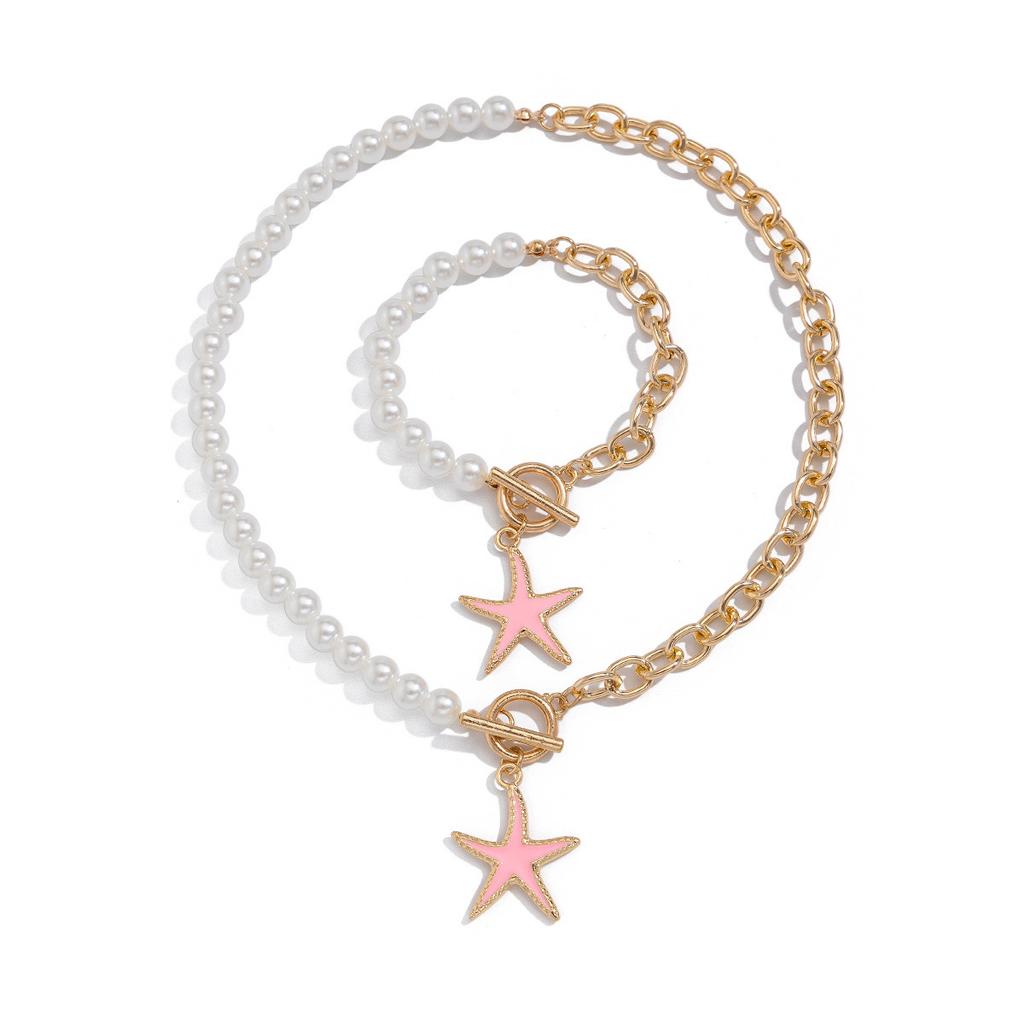 Ocean Style Colorful Starfish Pendant Necklace, Asymmetrical Imitation Pearl Necklace For Beach Vacation