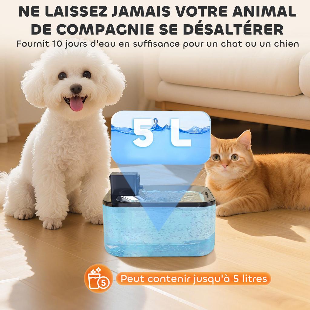 Automatic Stainless Steel Cat Water Fountain 5L, Silent, 3-Stage Cat Water Dispenser Filter USB Charger, Silver