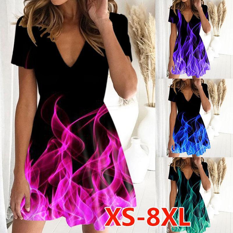 

Женский летний пляж с коротким рукавом Midi платье V шея свободное пламя принт пуловер вечеринка плюс размер винтажные платья