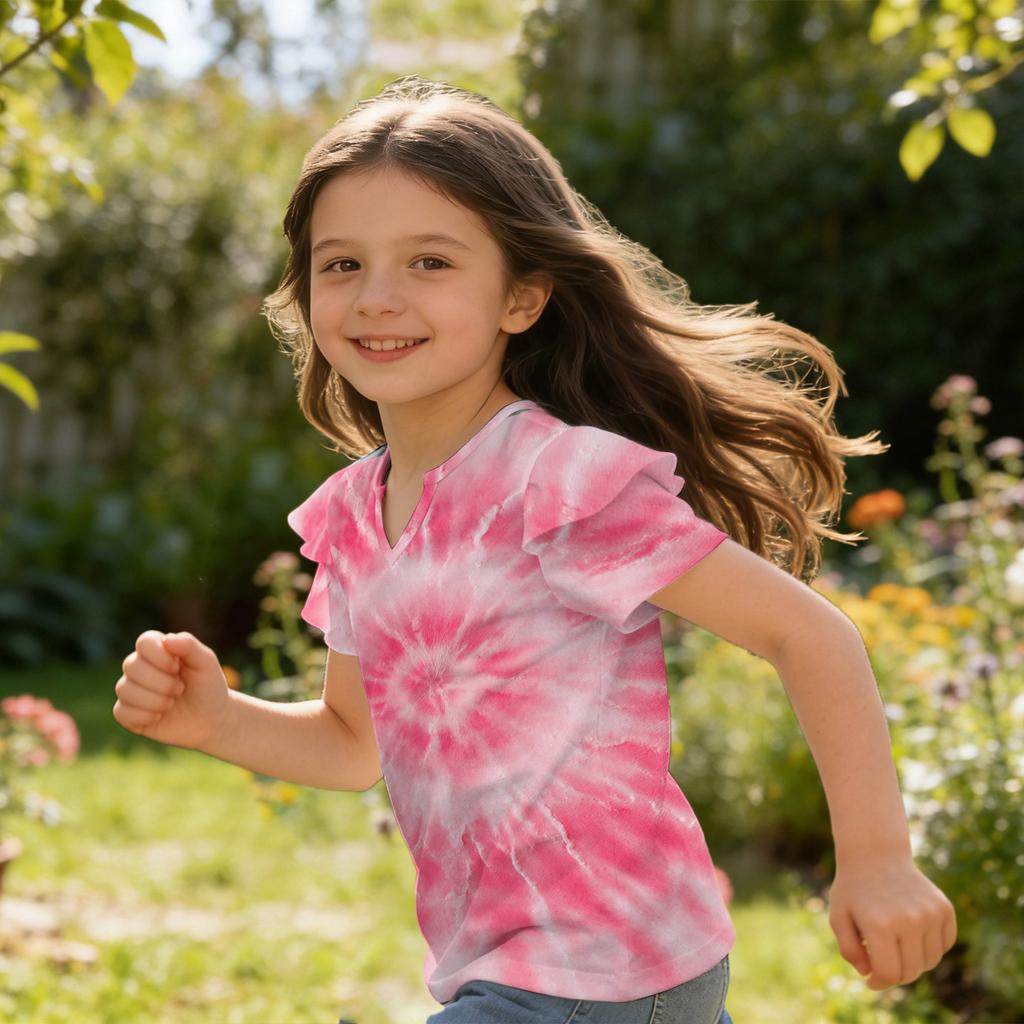 Girls V Neck Ruffle Sleeve Tie Dye Print Short Sleeve T Shirt Casual Top for Kids Summer Wear Soft Fabric Comfortable Fit