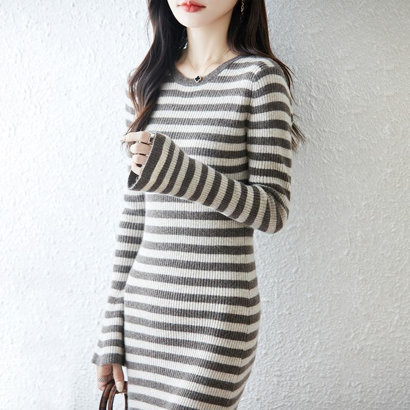 Women Sweater Dress 100% Wool MODERN NEW SAGA O-neck Striped Knit Long Pullover Winter Jumpers Wool Long Dress Female