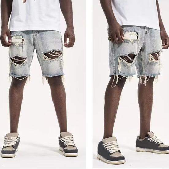 Men Summer Distressed Denim Shorts Button Zipper Fly Multi Pockets Short Jeans Straight Fit Ripped Holes Knee Length Distressed Denim Shorts