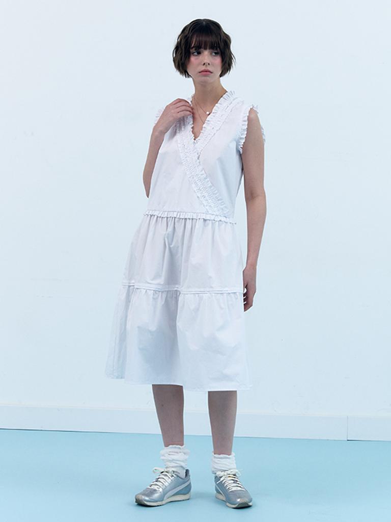 CLO'ET V-Neck Frill Sleeveless Dress - White