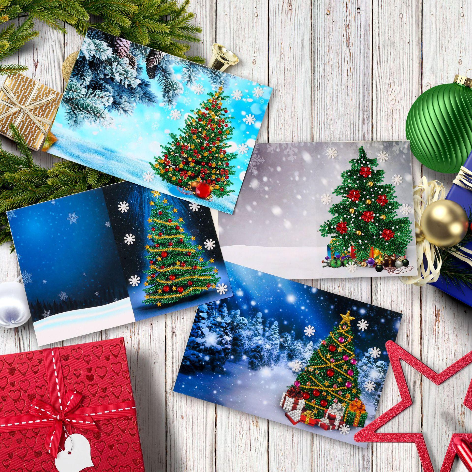 Creative New 5D Bright Diamond Christmas Card, Diamond Painting Greeting Card Diy Holiday Greeting Card, Christmas Tree 4-Piece Set christmas greeting cards hk017-hk020 (4-piece set)