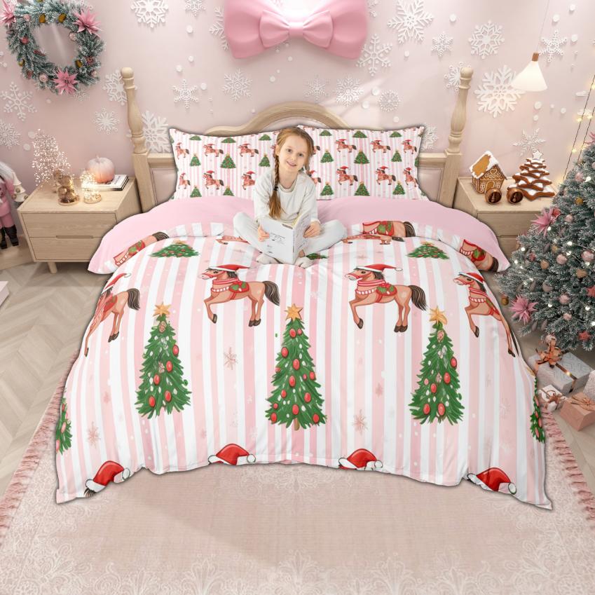 Homewish Cartoon Santa Claus Duvet Cover Set for Boys Girls, Christmas Tree Bedding Set, Snowflakes Snowman Bed Set