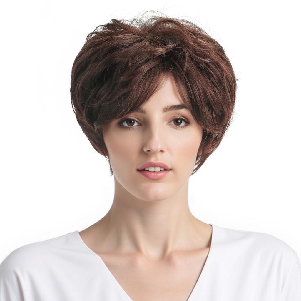 Women Synthetic Short Brown Hair with Bangs Natural Wave Layered Wigs For Daily Cosplay Heat Resistant Fiber