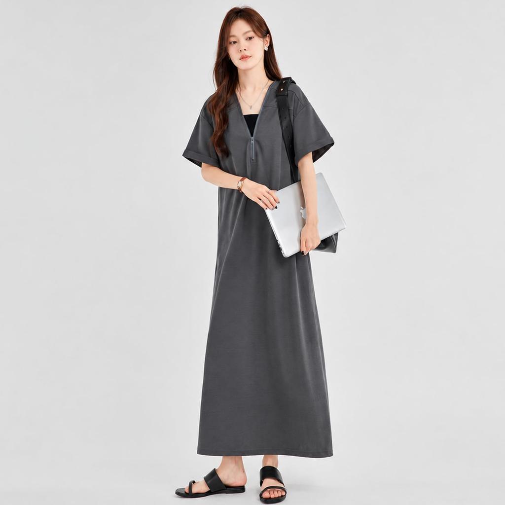 Short Plus Adult [Augseed] Women's Dress, Spring/Summer, Sleeve, Long, V-Neck, Elegant, Size, Half-Zip, A-Line, Cute, (L)