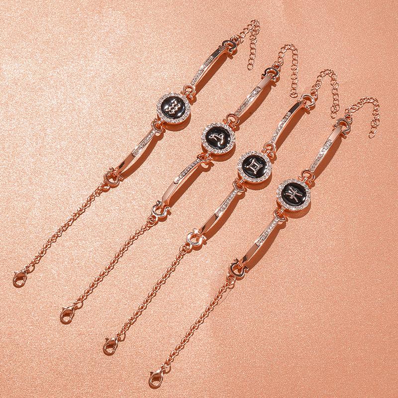 12 Zodiac Signs Bracelet for Women, Rose Gold Plated Inlaid Diamond Constellation Bangle, Fashion Couple Jewelry Gift