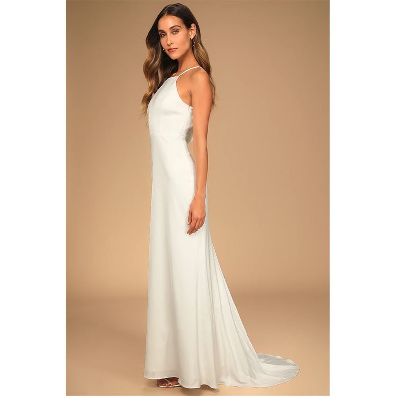 

Заказ внешней торговли Гладкое атласное платье-слинг от Lu с дизайном воротника-стойки на пуговицах и шлейфом, легкое роскошное сказочное формальное платье, длинное платье Fairy White XL