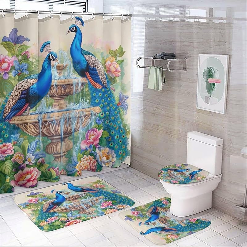 

Bald Eagle Shower Curtain Sets with Rugs 4 Piece, Decor for Bathroom Toilet Bathroom Mat,3D Print,Blue Abstract Wild Animal Patriotic Bird Polyester Style