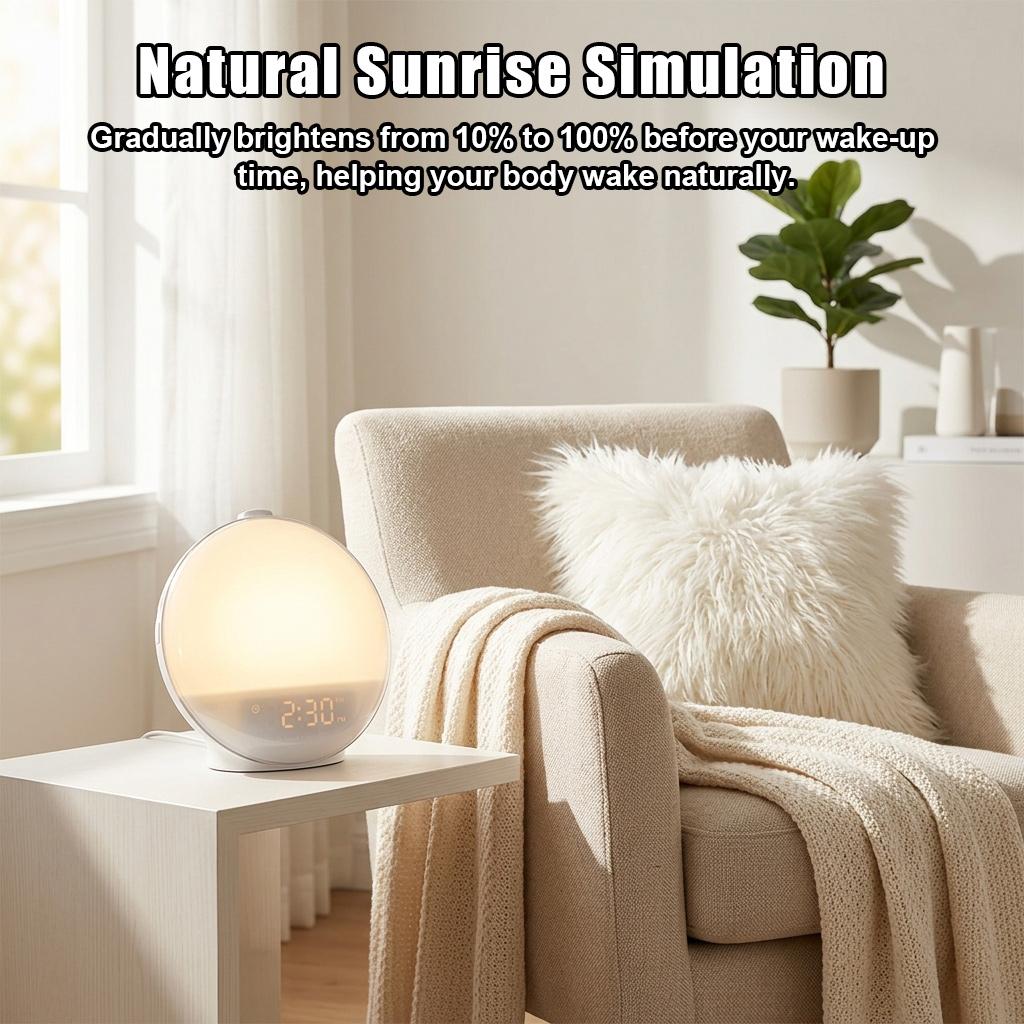 Sunrise Simulation Alarm Clock Wake Up Light 7 Natural Sounds 8 Sleep Music FM Radio Dual Alarms Snooze Colorful RGB Ambient Light