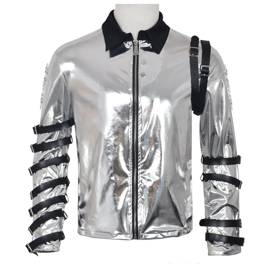 Heren Pop Punk Michael Jackson Zilveren Ritsjas Cosplay Kostuum Volwassen Halloween Maskerade Podiumoptreden Outfit