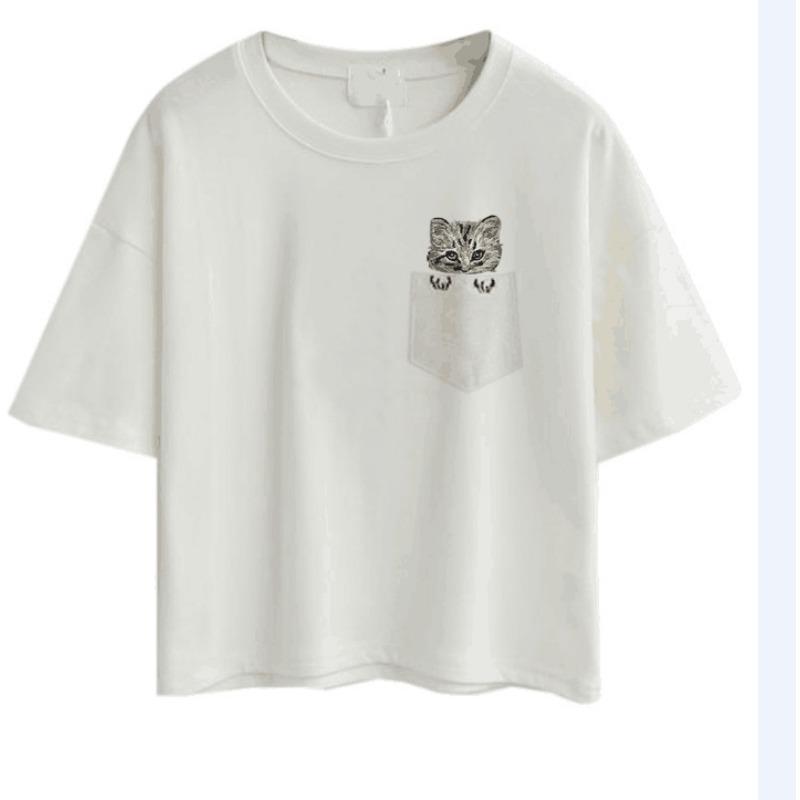 Damen Sommer Neu Einfach Kurz Kaktus Stickerei Kurzarm Nabel Baumwoll-T-Shirt