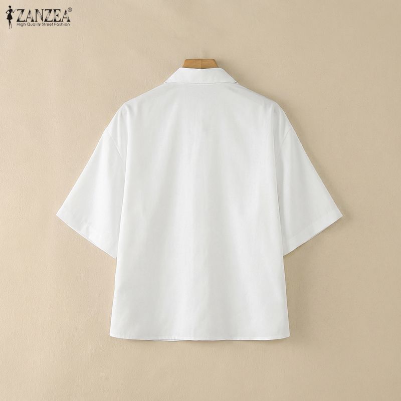 ZANZEA Women Casual Turn Down Collar Loose 3D Flowers Summer Half Sleeve Blouse