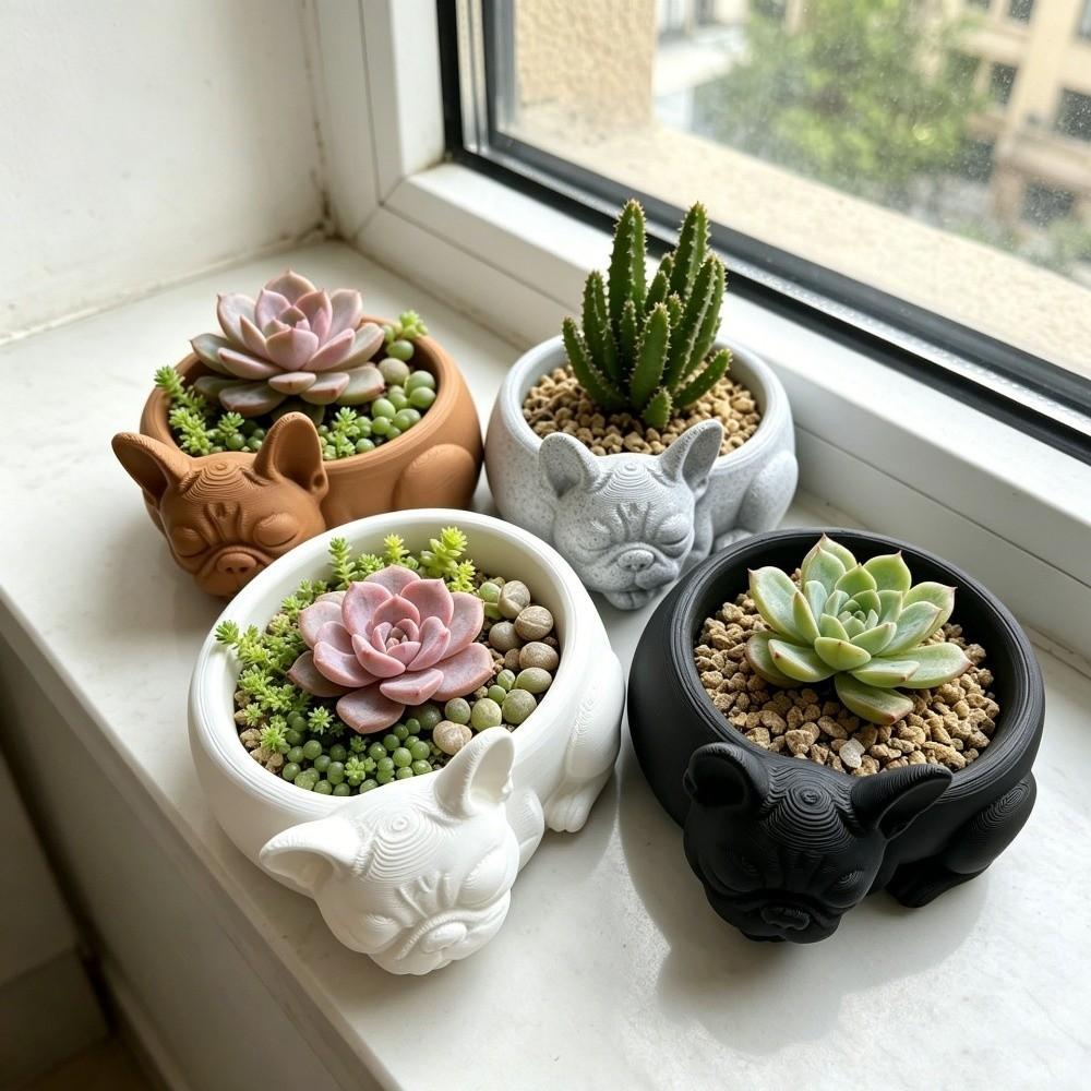 3D Printed Succulent Flower Pot Ornaments Puppy Figurine Unique Gift Bulldog Plant Pot Lawn
