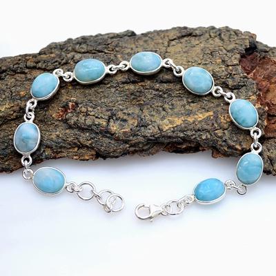 Sterling Silver Larimar Bracelet Sky Blue Color 7.25’’ To 7.5" Oval Cabochon Shape Natural Larimar Link