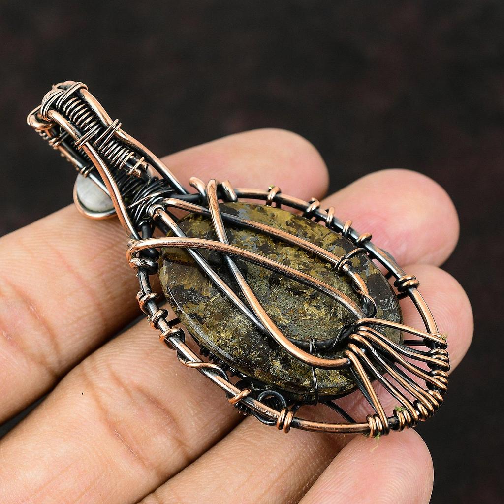 Evil Eye Bronzite Gemstone Pendant Copper Wire Wrapped Jewelry Bronzite Jewelry Rainbow Moonstone Evil Eye Pendant Handmade Pendant For Gift