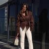 Womens Fall Faux Suede Jacket - Slim Fit Lace-Up Waist V-Neck Street Style
