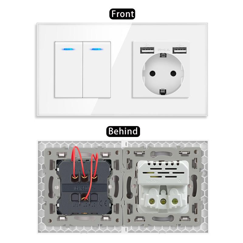 European Style Type 157 16A USB Wall Socket with LED Light, Glass Finish.