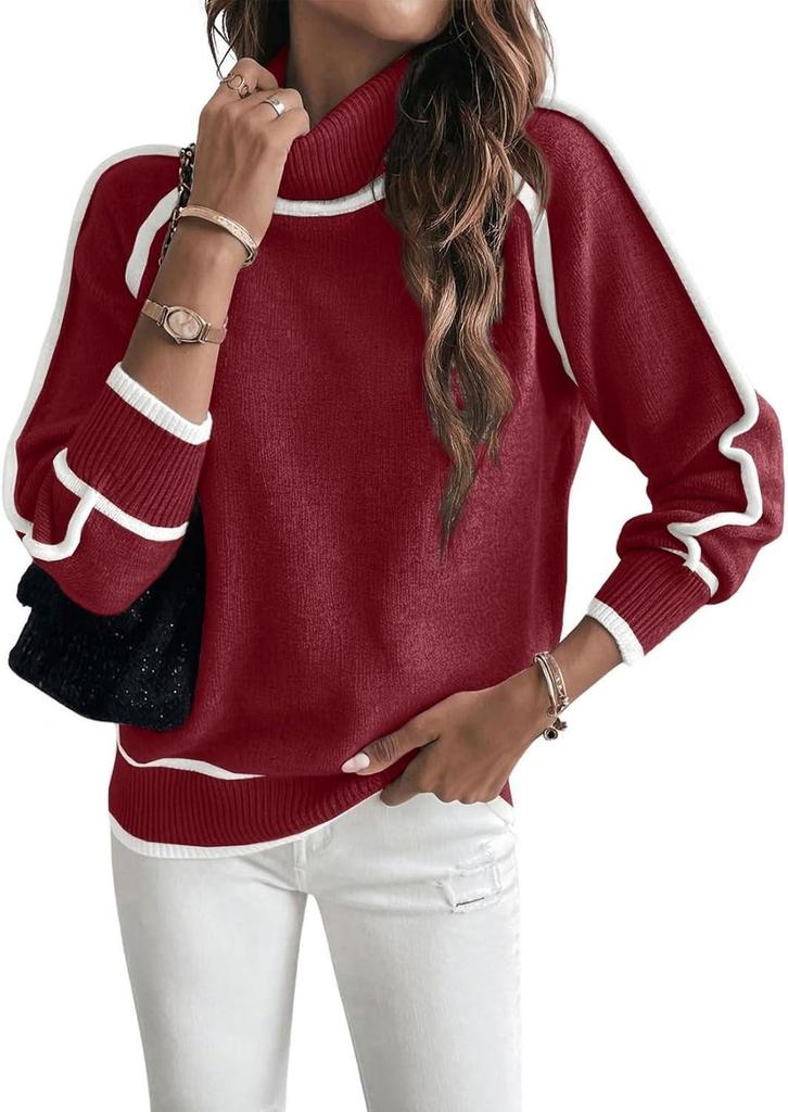 Autumn Winter Women's High Neck Color Block Raglan Sleeve Loose Sweater