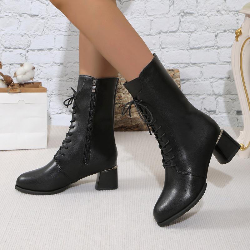 Mode Schnürfront Einzelstiefel Herbst Neu Runde Zehenpartie Seitlicher Reißverschluss Rutschfest Abriebfest Stiefeletten