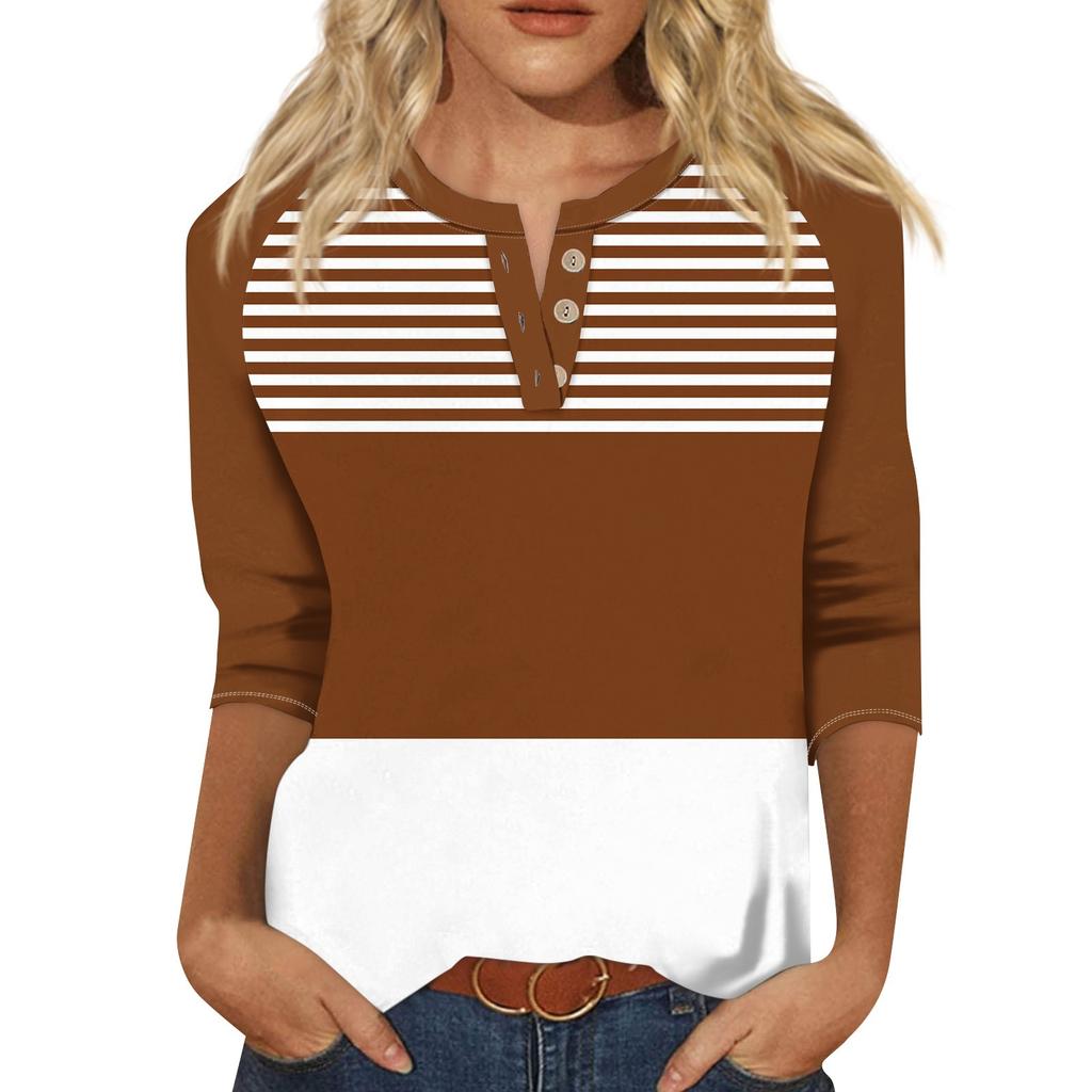 Women's Fashion T-Shirt Casual Printing V-Neck Button Up Shoulder Sleeves Seven Quarter Sleeve Top