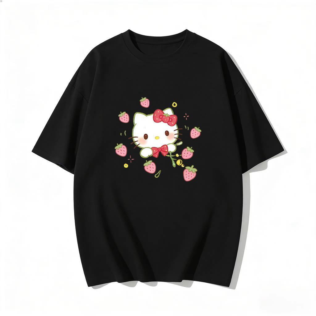 2026 New Summer HelloKitty Cute Graphic Tee Casual Short Sleeve Cotton Top for Women Girls Kawaii Cartoon Print Streetwear