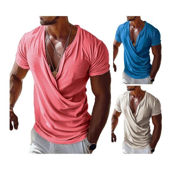 Herren T-Shirt V-Ausschnitt Kurzarm Casual Tops Loose Fit Einfarbig Atmungsaktives Gewebe Pullover Tops Home Gym Street Wear