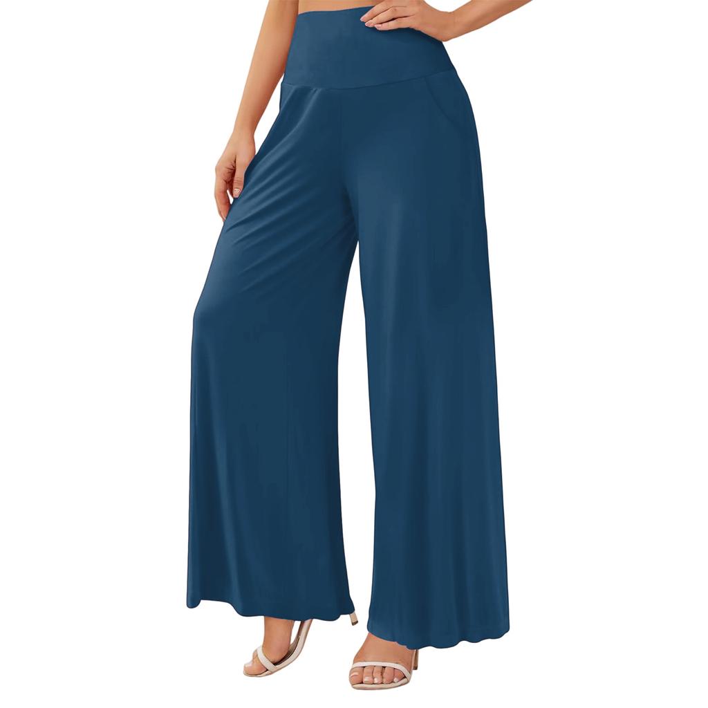 Damen Freizeithose mit hoher Taille, weitem Bein und Taschen, fließend für den Alltag