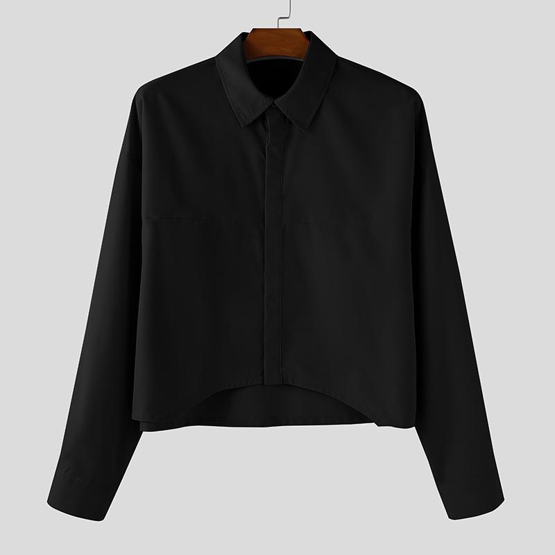 INCERUN Oversized Men Lapel Neck Long Sleeve Casual Loose Cropped Shirts