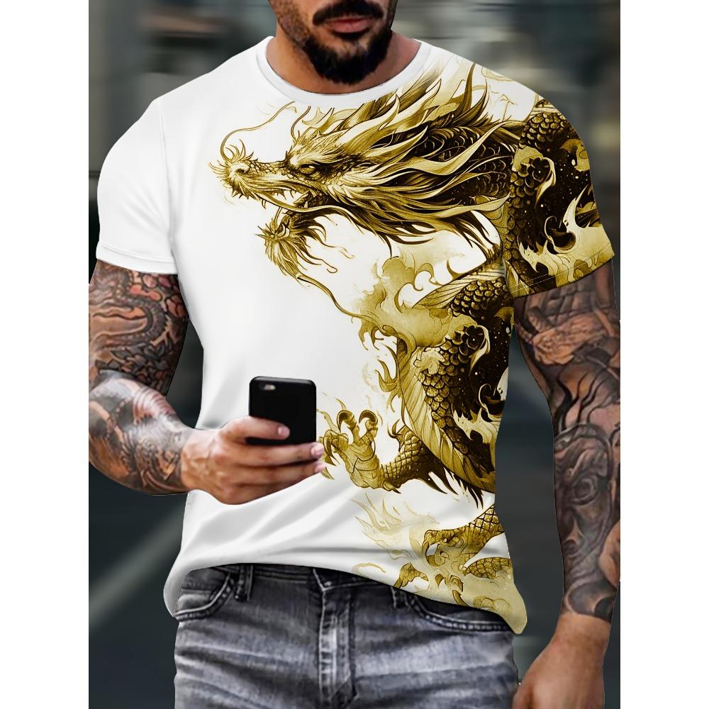 Męski T-shirt z nadrukiem smoka Casualowa oddychająca tkanina Graficzny t-shirt Styl uliczny Moda outdoorowa Koszulka z krótkim rękawem Męskie t-shirty