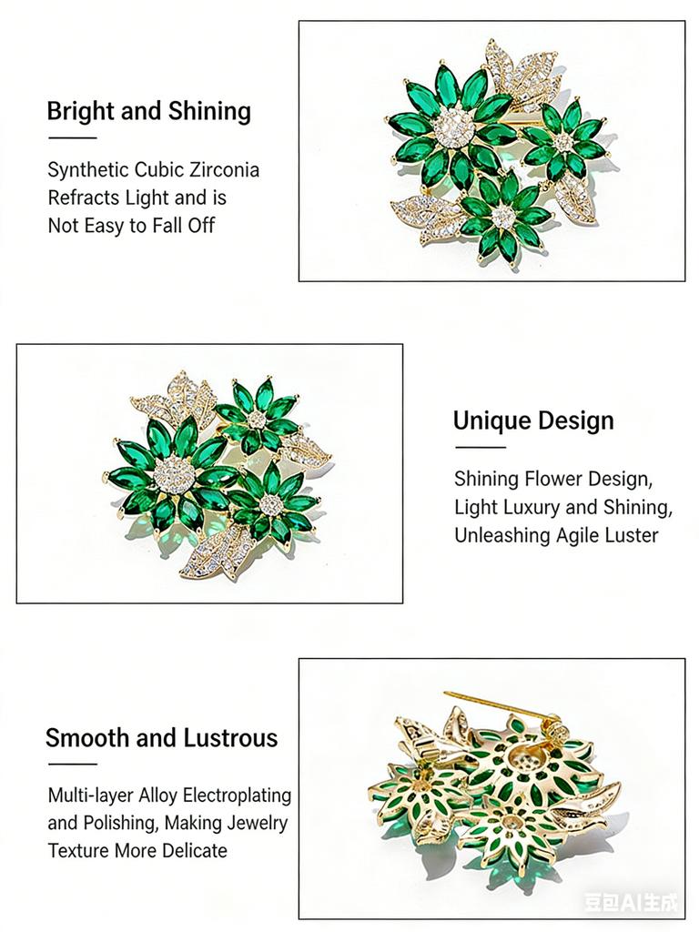 Elegant Green Crystal Flower Brooch for Women Rhinestone Lapel Pin Party Wedding Banquet Fashion Jewelry