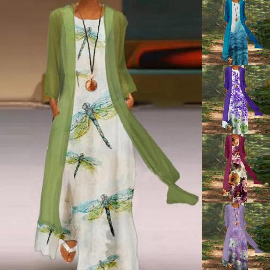 

1 Комплект Кардиган Платье Набор Цветочный принт Длинные женщины Свободная верхняя одежда Без рукавов Большой подол Платье