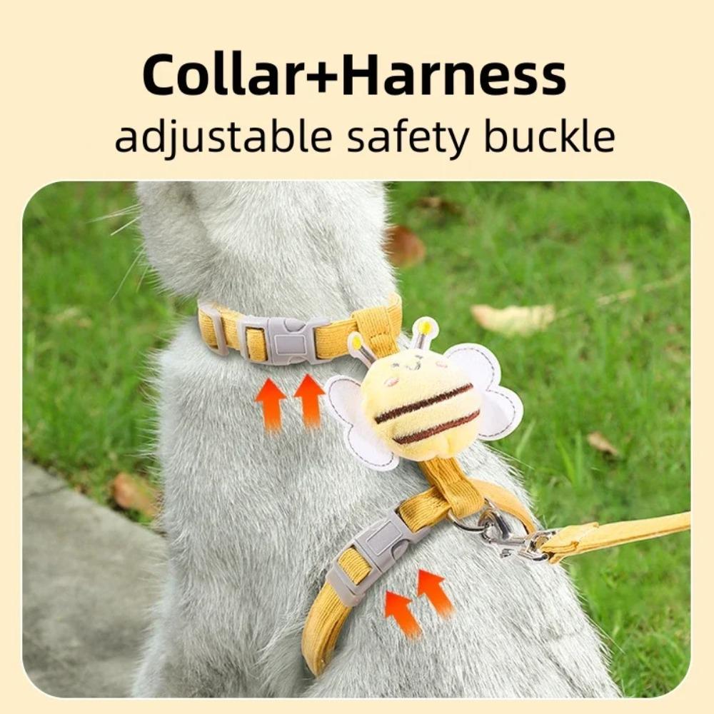 1 Stück Katzengeschirr Set mit Halsband Verstellbar Cartoon Biene Doppellagig Hundegeschirr für Kleine Mittlere Haustiere Halsband Leine Outdoor Spaziergang