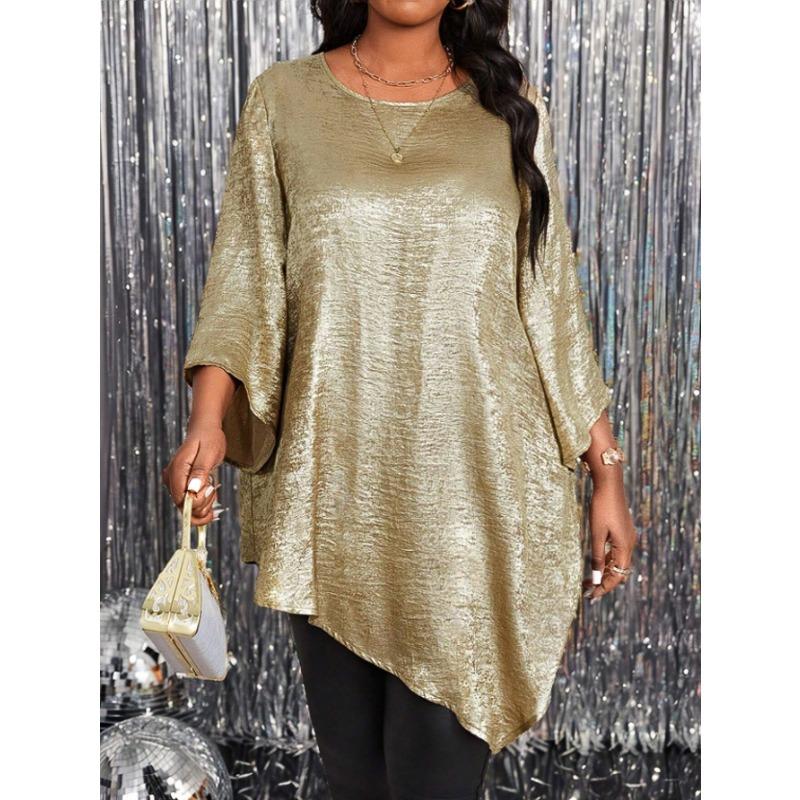 Plus Size Loose Round Neck Three Quarter Sleeve Irregular Hem Top For Women