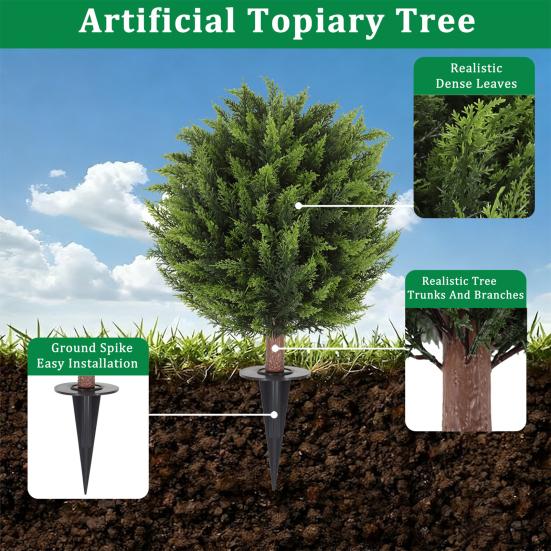 Artificial Cedar Topiary Ball Tree with Ground Spike 23" UV Resistant Faux Boxwood Bushes Fake Evergreen Cypress