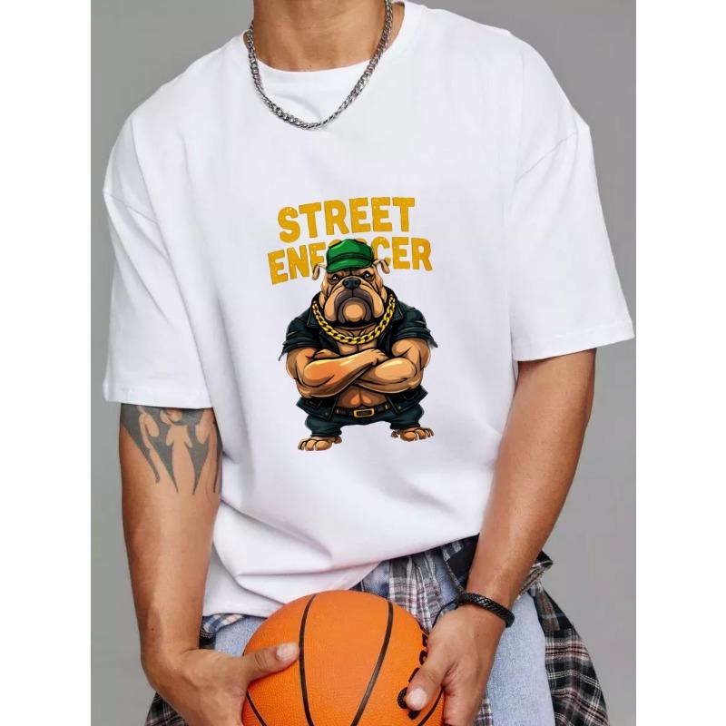 Street Enforcer Bulldog Graphic T Shirt White Cartoon Dog with Green Hat and Gold Chain Streetwear Style Urban Fashion for Casual Wear