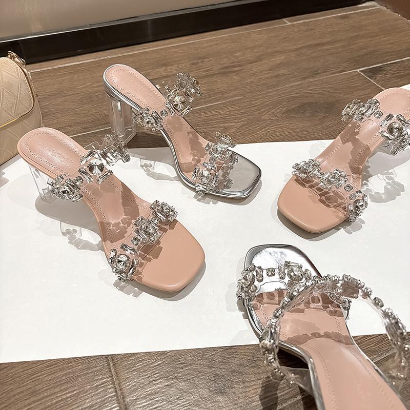 Fashion 2025 Diamond-Encrusted Water Diamond Flip-Flops, Square-Toed, Fashionable And Elegant One-Line Crystal Shoes With High Heels