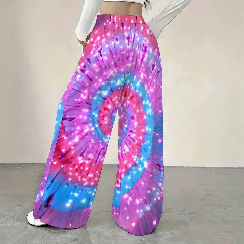Women Multicolor Spiral Print Wide Leg Pants Elastic Waist Drawstring Loose Fit Summer Casual Beach Resort Long Trousers Stree