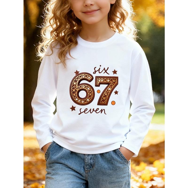 Unisex Kids Pink Crewneck Sweatshirt For 4-12 Boys Girls Retro Wood Carved Star Hollow Lattice Number 67 Handwritten Six Seven Star Dot Decor Print