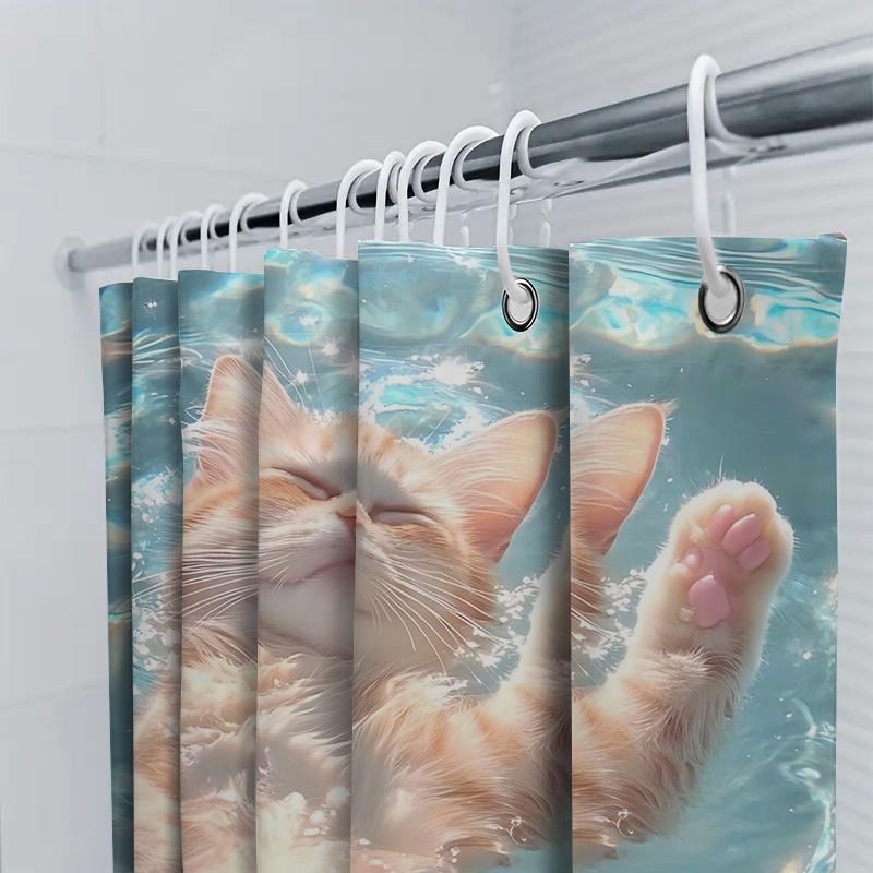 Adorable Cat Shower Curtain Cute Pet Design Waterproof Bathroom Decorative Liner Waterproof Durable For Stylish Home Upgrade