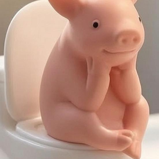 Miniature Pink Pig Toilet Toilet Thinking Pig Figurine Sitting on Statue Cartoon Farm