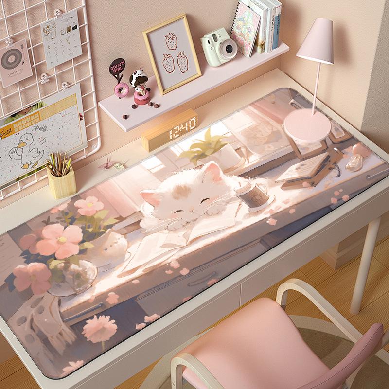 Extra Large Cute Cat Cartoon Mouse Pad with Stitched Edges - Aesthetic Desk Mat for Girls