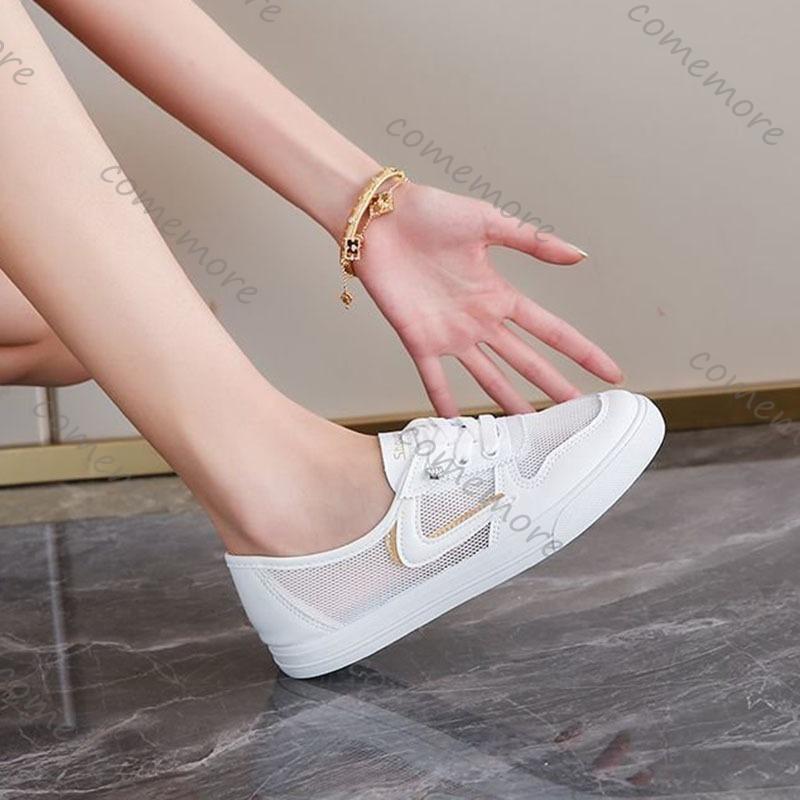 Fashion Comemore Women's Vulcanize Shoes Casual Mesh Breathable Sneakers Spring Summer Lace Up White Flat Bottom Sports Single Shoes