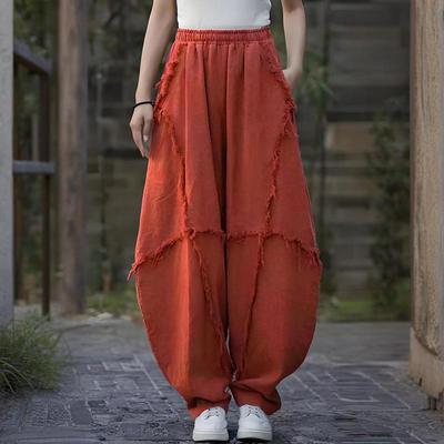 Women Casual Harem Pants Vintage Patchwork Irregular Hem Loose Fit Wide Leg Trousers