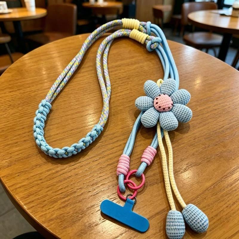 1Pcs Cute Flower Decor Adjustable Phone Lanyard Durable Braided Strap For Daily Outing Shopping Travel Anti Lost Accessory