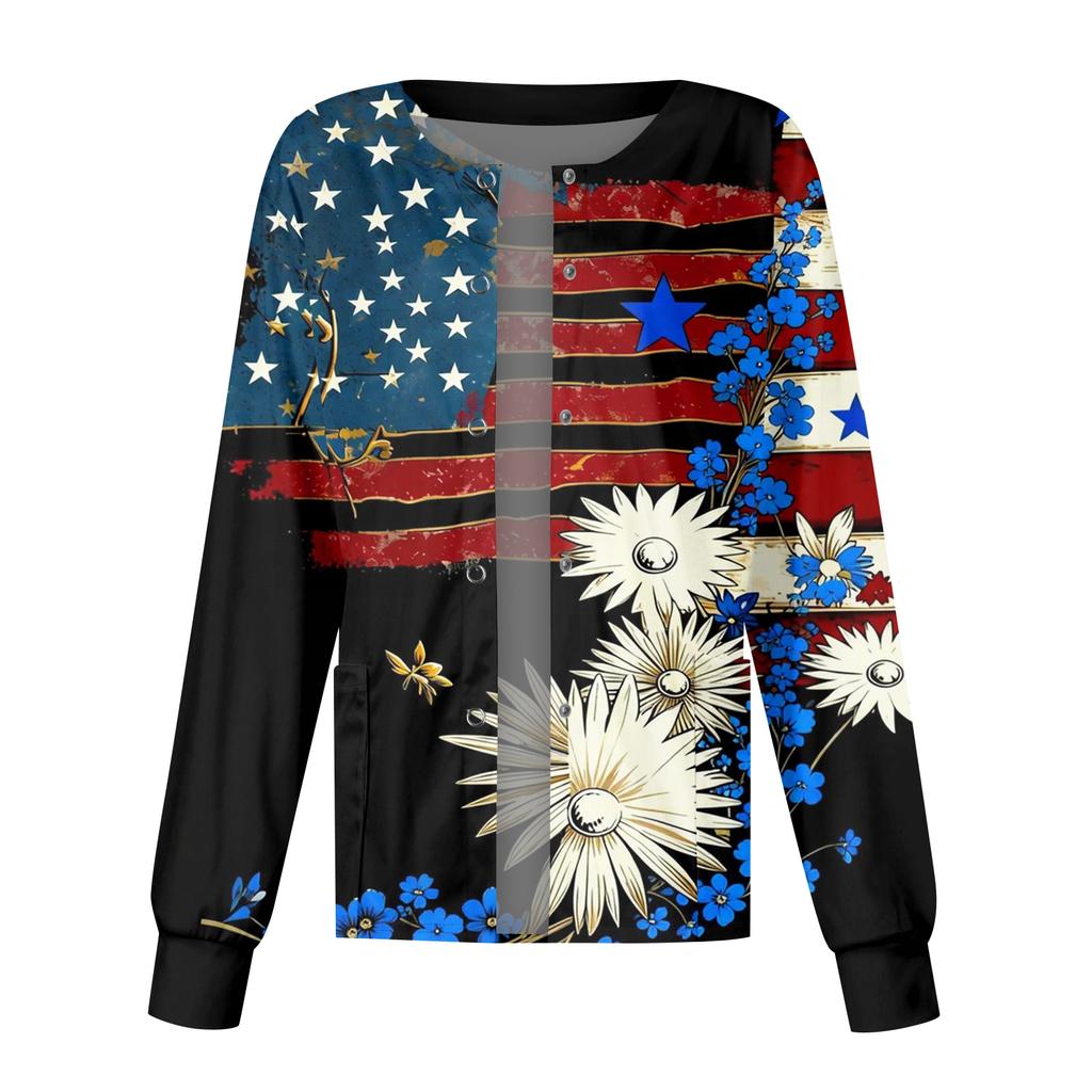 Women's Casual Fashion Long-Sleeve Stand-Up Collar Single-Button Independence Day Print Workwear Jacket