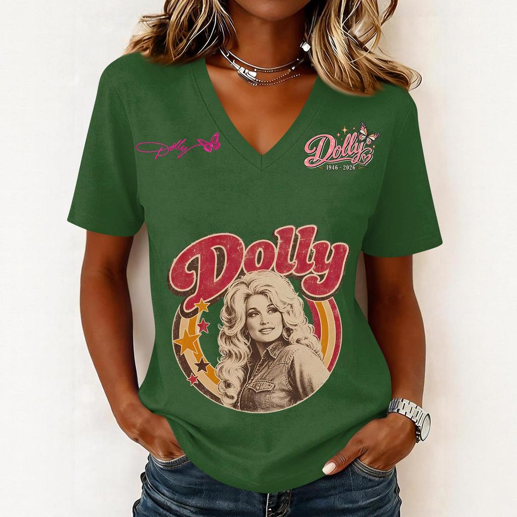 Women's Fashion Casual Letter Print V-Neck Short Sleeve Pullover Top