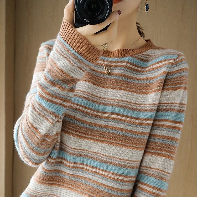 Autumn Winter Base Knitted Sweater Elegant Rainbow Knitting Tops Women All Match Casual Knitwear Long Sleeve Stripe Sweaters Thick Pullover